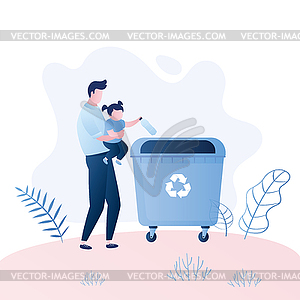 Man with child throw garbage in trash - vector clipart / vector image