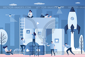 Programmers and business people with smart gadgets - color vector clipart
