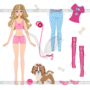 Paper doll with clothes and dog - vector clipart
