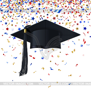 Graduate Cap on Background of Multicolor Confetti - vector clipart