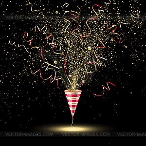 Праздничный поппер для вечеринок с золотыми конфетти и - изображение в векторе