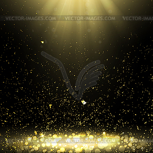 Background with Golden Confetti and Rays of Light - vector image