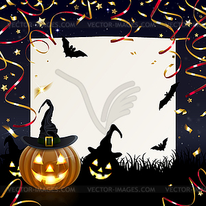 Halloween Greeting Card with Merry Pumpkins - vector image