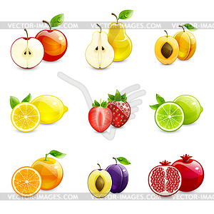 Set of Bright Fruits and Their Halves - vector image