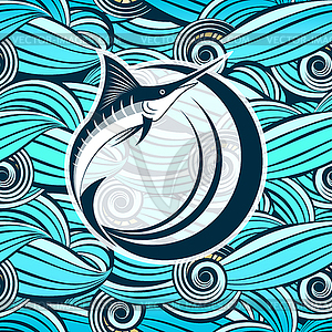 Рыба Марлин на фоне стилизованных морских волн - векторный клипарт