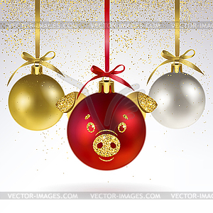 Decorative Christmas Balls with Stylized Pig Face - vector clipart