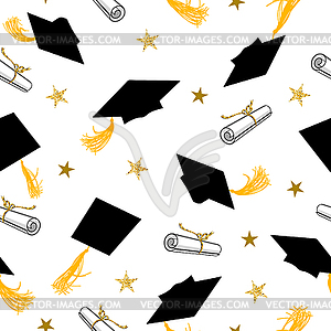 Seamless Pattern with Graduation Caps and Gold Stars - vector image