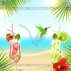 Тропический фон с коктейлями - иллюстрация в векторном формате