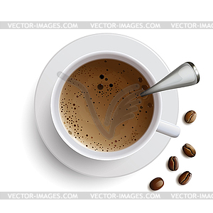Чашка кофе с ложкой и кофейными зернами - изображение в векторе
