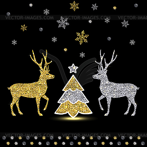 Decorative Golden Shiny Deer and Christmas Tree - vector clipart