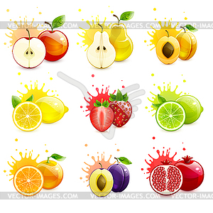 Набор сочных фруктов с брызгами сока - векторный рисунок
