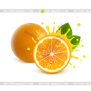 Сочный цельный апельсин и половинка апельсина - векторное изображение клипарта