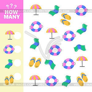 Counting game, how many summer elements. Educationa - stock vector clipart