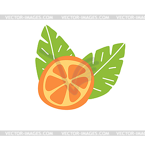 Orange fruit, slice and leaves. Doodle - vector clipart