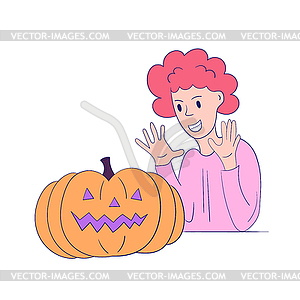 Girl rejoices pumpkin. Image in modern style with - vector image