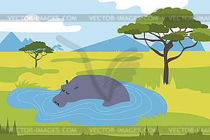 Hippo in savannah. Hippo swimming in lake. Wild - vector clip art