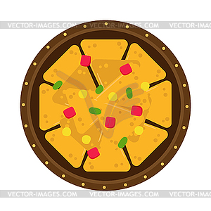 Nachos on plate with pieces of corn, pepper and - vector image