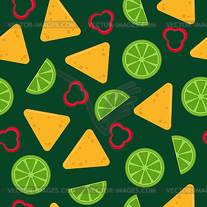 Background with nacho, slice of lime and chili on - vector image