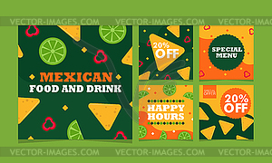 Mexican food and drink set. Collection of square - vector clipart