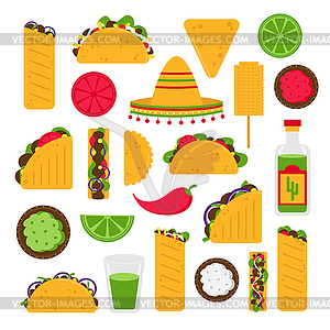 Mexican food set in cartoon style. Traditional - vector clip art