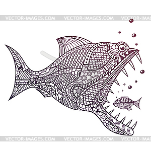 Deep water predator attacking little fish - vector clipart