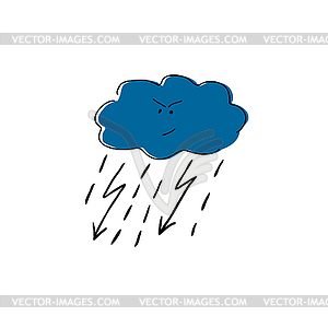 Cloud with lightning and rain, cartoon character - vector image