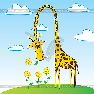 Cute Funny Giraffe Cartoon Character with Flower - vector clip art