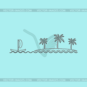 Ship sailing near island with palm trees - vector clipart