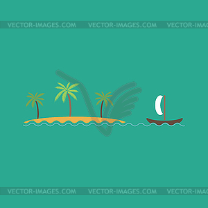Ship sailing near island with palm trees - vector clipart