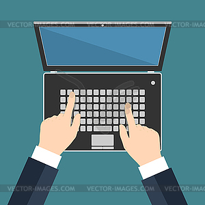 Hand on laptop keyboard with blank screen - royalty-free vector image