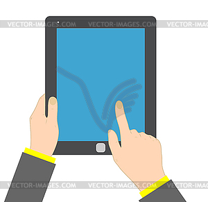 Hand touching blank screen of tablet - vector image