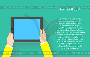 Руки держат планшет с сенсорным экраном - клипарт в векторном формате