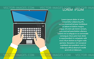 Woman hands touching notebook or laptop keys - color vector clipart