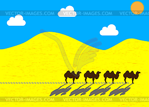 Плоские верблюды, идущие через пустыню - клипарт в векторном виде