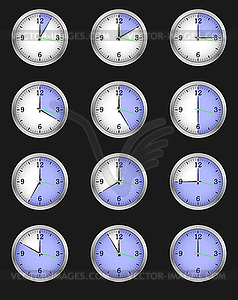 Набор из двенадцати будильников, указывающих разное время - клипарт в векторном формате