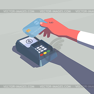 Contactless payment. Female hand holding credit card. - vector image