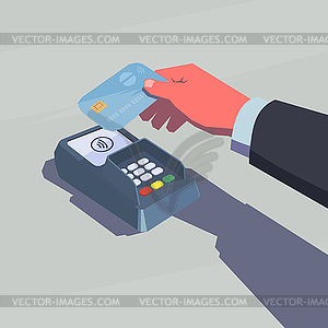 Contactless payment. Male hand holding credit card. - vector clipart