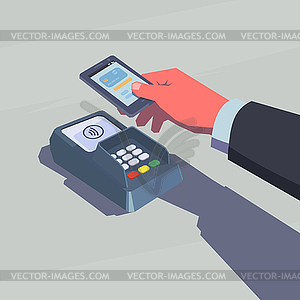 Contactless payment. Male hand holding mobile phone. - vector image