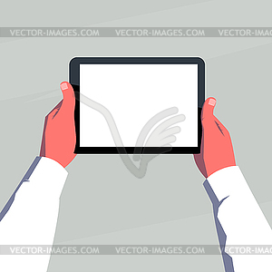 Male hands holding blank tablet horizontally. - vector image