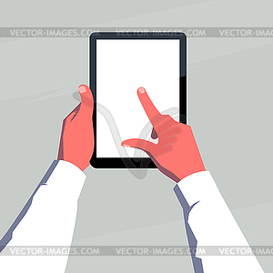 Male hands holding blank tablet vertically. - vector clip art