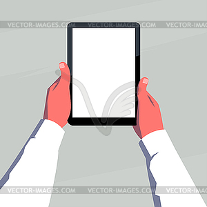 Male hands holding blank tablet vertically. - vector clipart