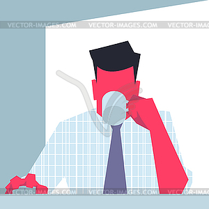 Businessman sitting in front of PC and drinking. - vector clipart