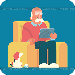 Cartoon old man using a tablet pc. - vector EPS clipart