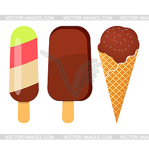 Set of ice creams with chocolate glaze, berries - vector clip art