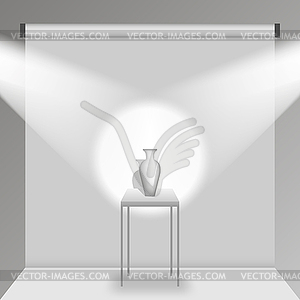 Table with vase in white photo studio. Realistic - vector clipart