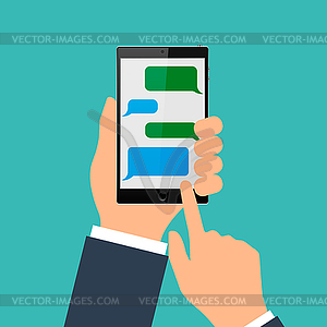 Hand holing black smartphone with blank speech - vector clipart