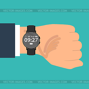 Smart watch on hand of businessman in suit. Time - vector image