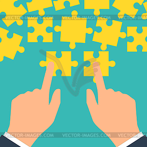 Teamwork concept. Puzzle holding in hands - vector clipart