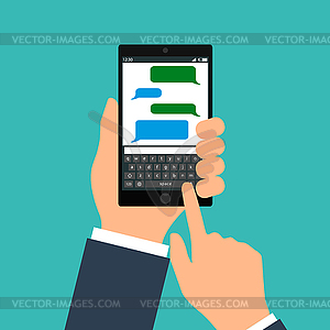 Hand holing black smartphone with blank speech - vector clip art