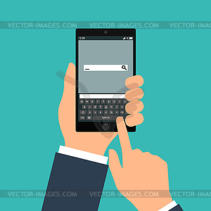 Hand holing black smartphone with blank speech - vector clipart